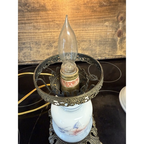 Title: Vintage Floral Glass Hurricane Table Lamp with Brass-Tone Base – Works - Picture 10 of 15